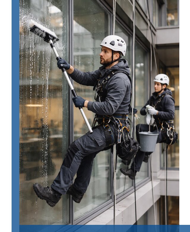 Профессиональная мойка витражей промышленными альпинистами в Осинниках