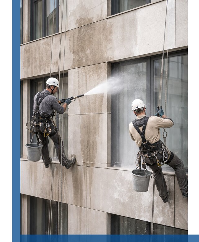 Послестроительная мойка фасада промышленным альпинизмом в Осинниках