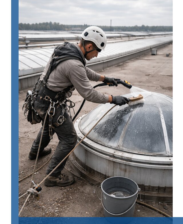 Мойка зенитных фонарей на кровле для промышленных объектов в Осинниках