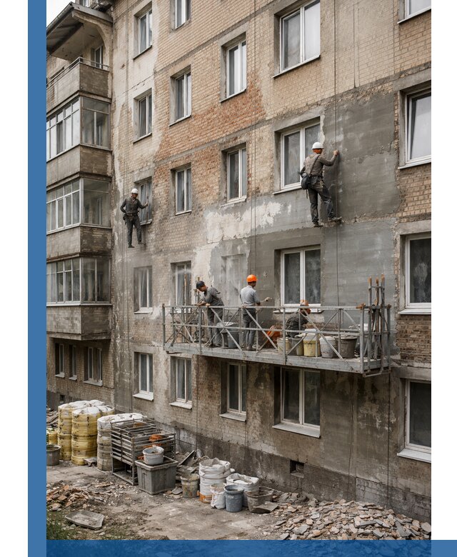 Капитальный ремонт фасада в Осинниках с восстановлением и гидроизоляцией