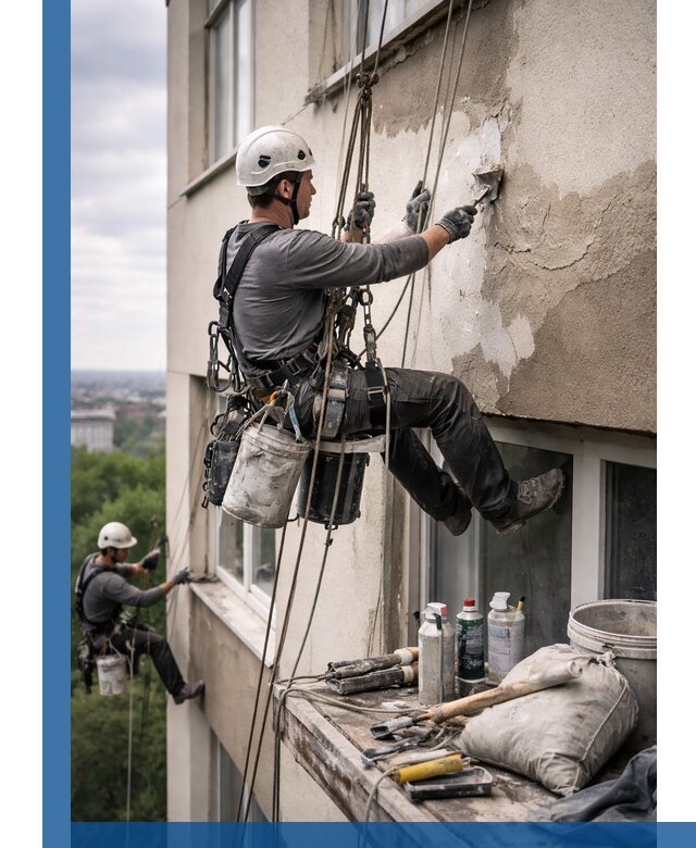 Косметический ремонт фасада зданий в Осинниках промышленными альпинистами