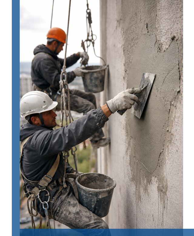 Штукатурка фасада на высоте в Осинниках профессиональные работы