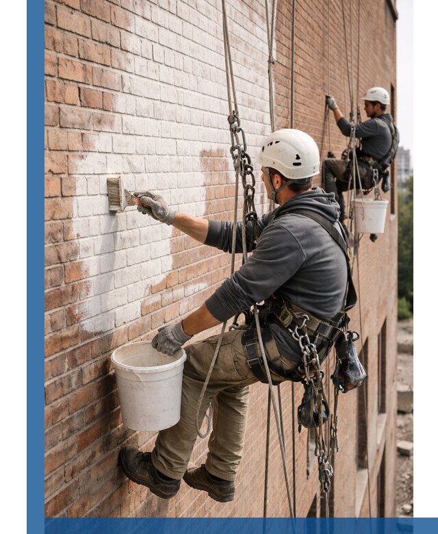 Покраска кирпичного фасада с доступным альпинистским сервисом в Осинниках