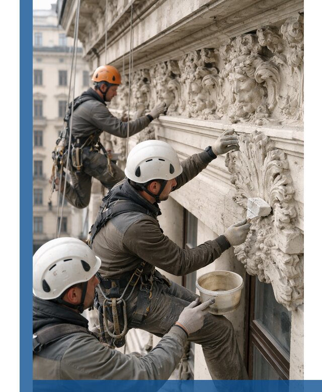 Реставрация фасадной лепнины с высотными работами в Осинниках