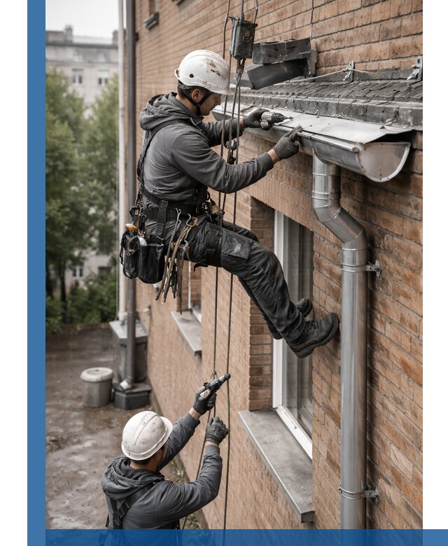 Монтаж водосточной системы на здании в Осинниках под ключ