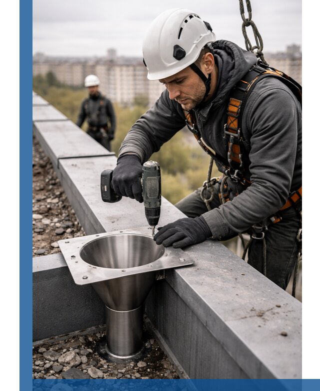 Монтаж водосточных воронок в Осинниках для промышленных зданий