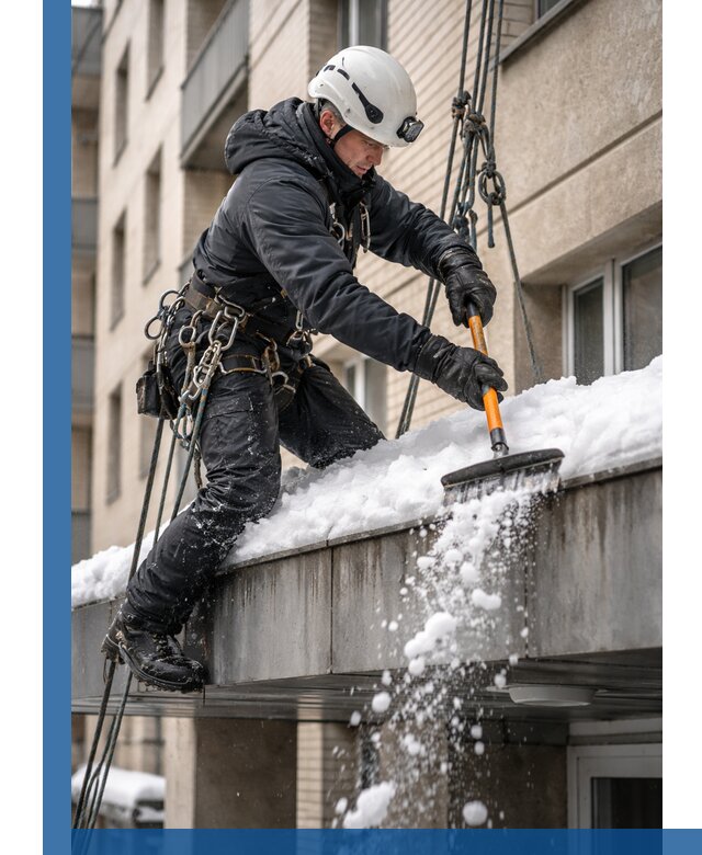 Очистка козырьков от снега в Осинниках круглогодично безопасно