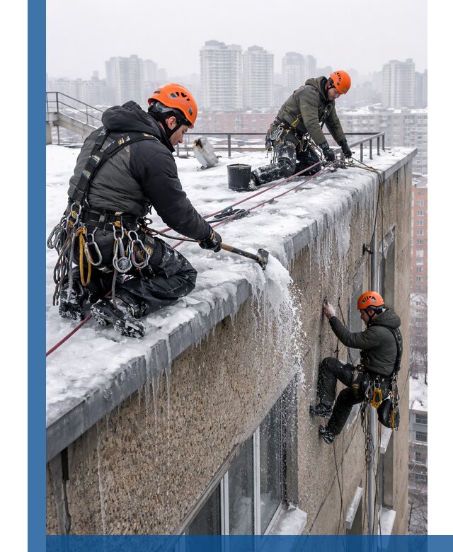 Удаление наледи с кровли в Осинниках промышленными альпинистами