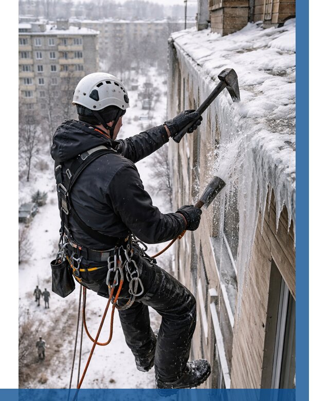 Сбивание сосулек с крыши в Осинниках по цене от 4613 р. | ВЫСОТНИК-Снн