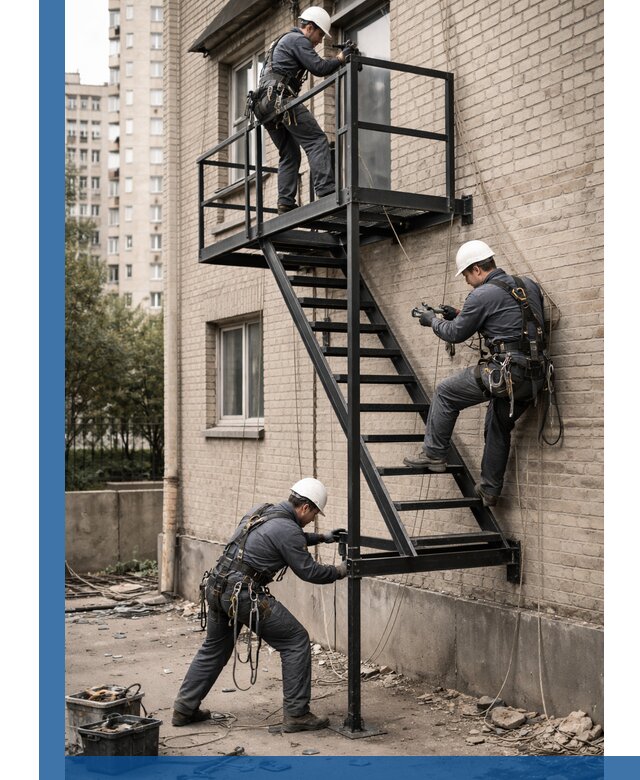 Монтаж пожарной лестницы в Осинниках, установка и крепление