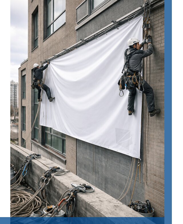 Монтаж баннеров на фасаде в Осинниках от 666 р. заказать ВЫСОТНИК-Снн