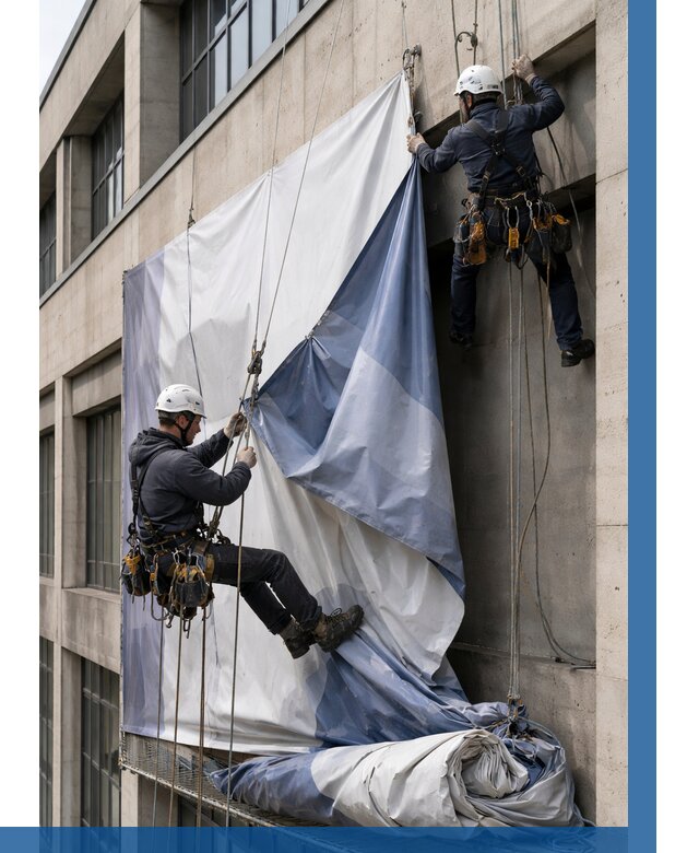 Демонтаж баннеров с фасада в Осинниках от 4613 р. | ВЫСОТНИК-Снн