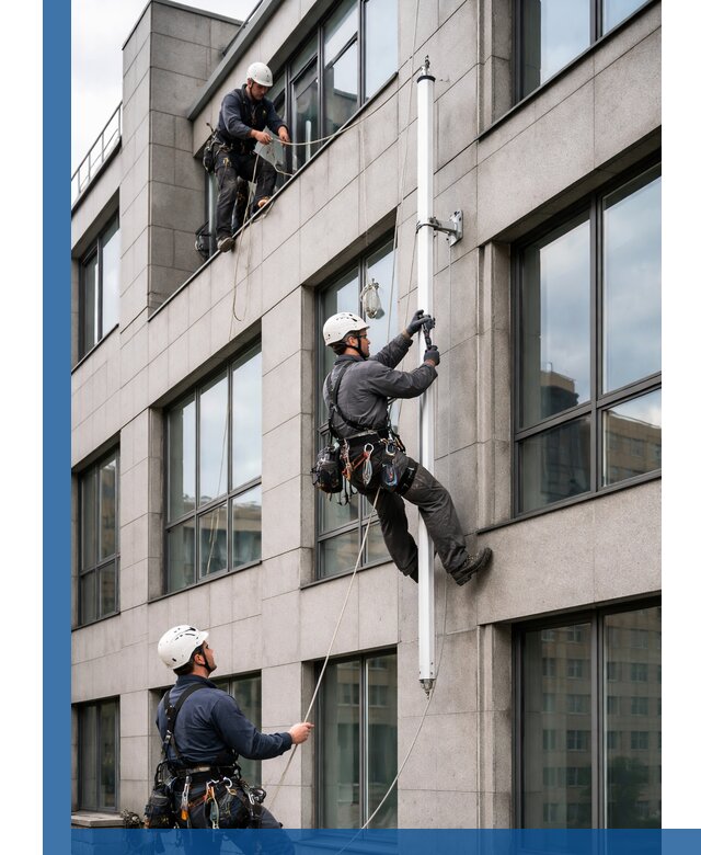 Монтаж флагштока на фасаде здания с креплением и герметикой в Осинниках