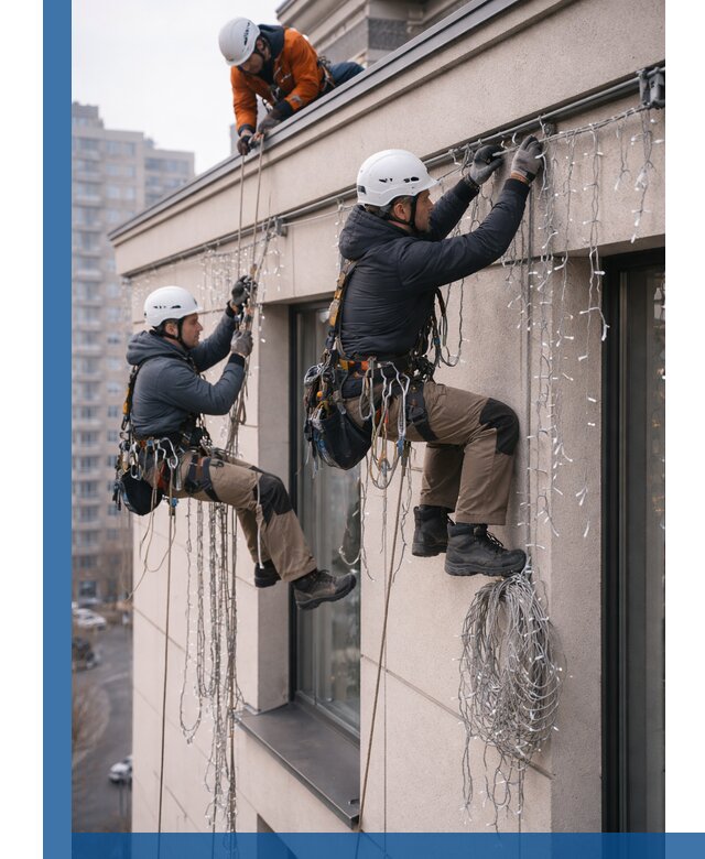 Монтаж праздничных гирлянд на фасаде в Осинниках для зданий