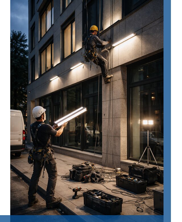 Монтаж архитектурной подсветки здания в Осинниках от 2563 р.|ВЫСОТНИК-Снн