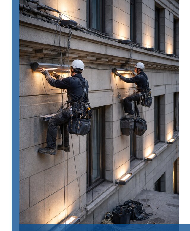 Монтаж архитектурной подсветки фасадов зданий в Осинниках