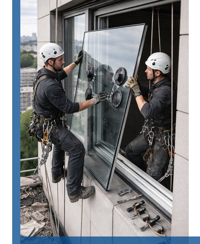 Замена стеклопакетов на высоте с промышленными альпинистами в Осинниках