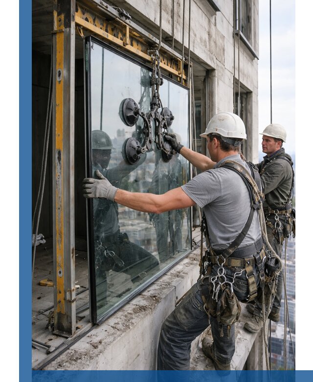 Монтаж стеклопакетов на высоте в Осинниках с промышленным альпинизмом