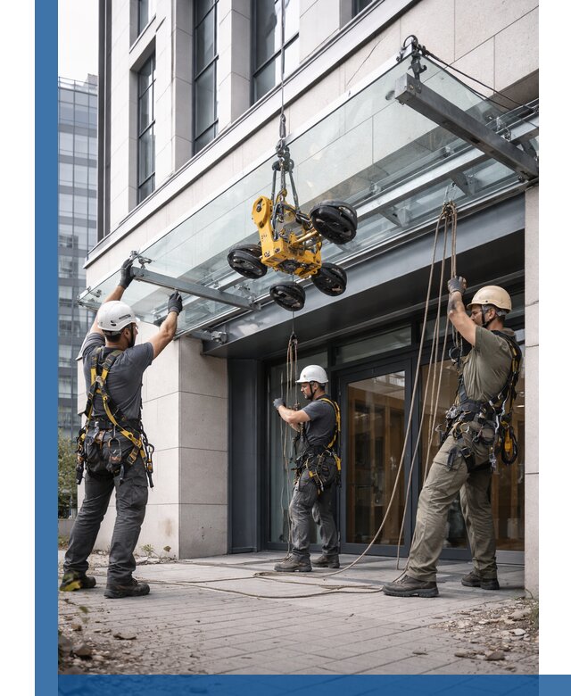 Монтаж стеклянных козырьков под ключ в Осинниках для зданий