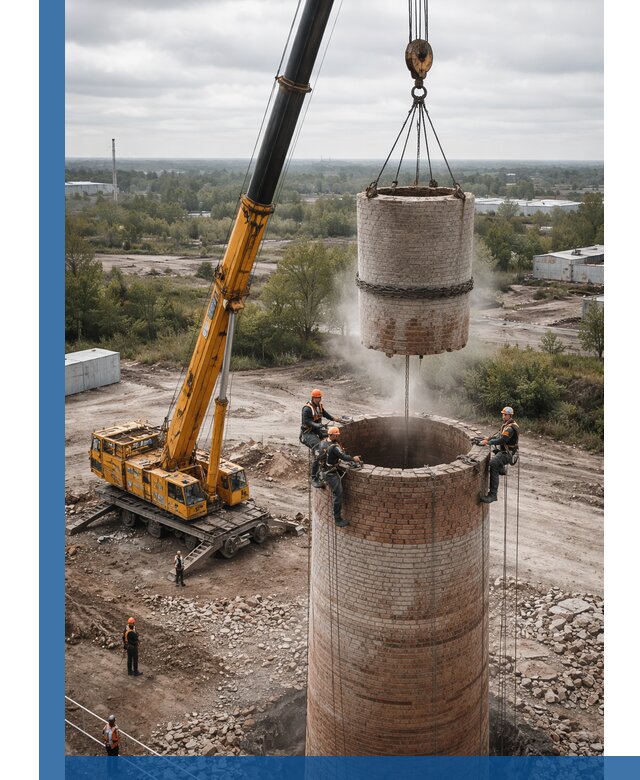 Демонтаж дымовой трубы в Осинниках с гарантиями безопасности