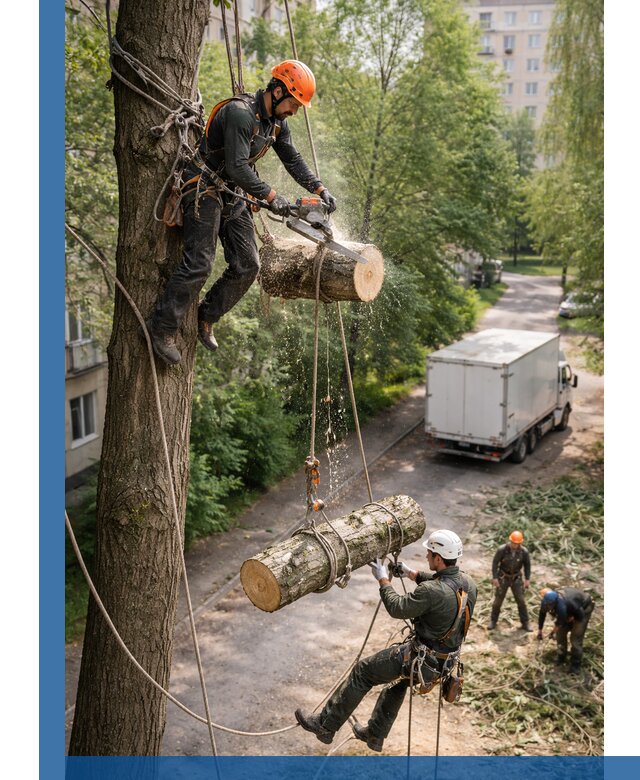 Спил деревьев альпинистами в Осинниках, безопасно и без повреждений