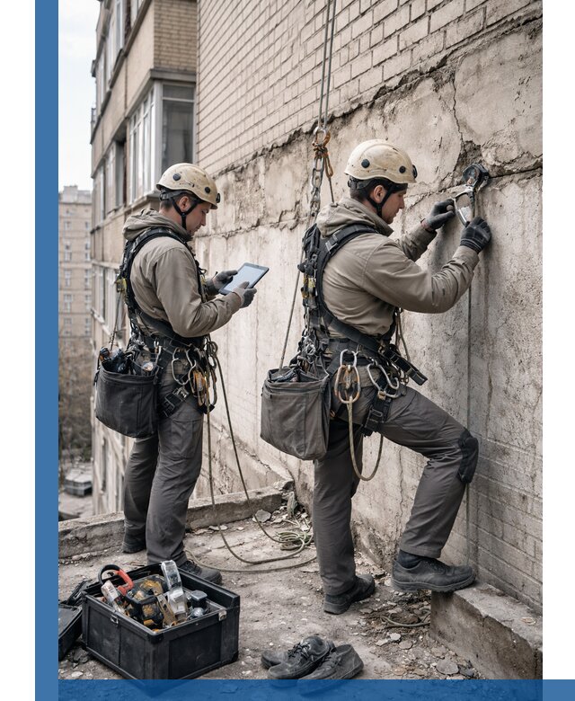 Обследование фасада промышленными альпинистами в Осинниках